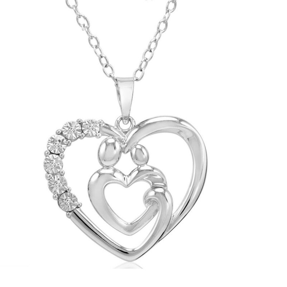 Mothers Love Diamond Heart Pendant-Necklace in Sterling Silver